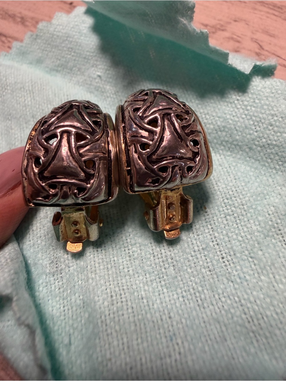 Vintage Ornate Silver-Tone Clip-On Earrings with Gold Accents
